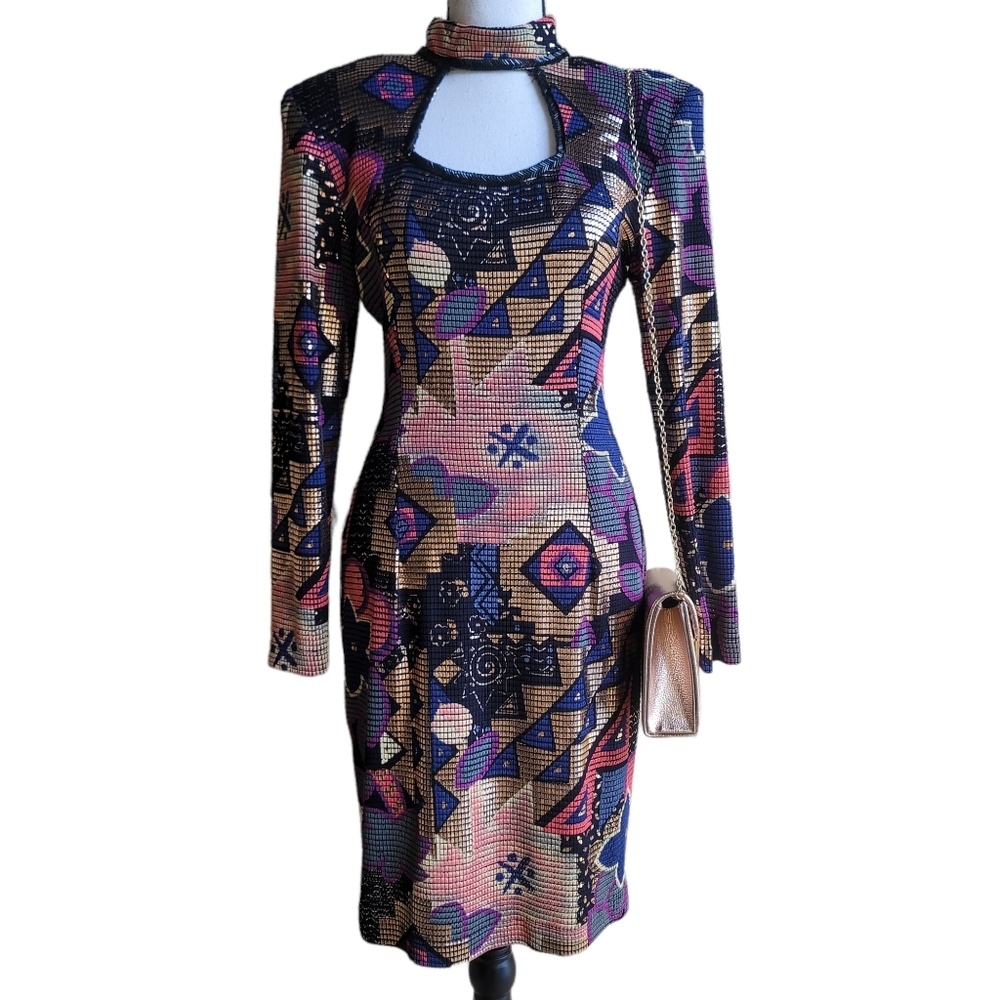 JANINE vintage keyhole metallic mosaic evening party dress